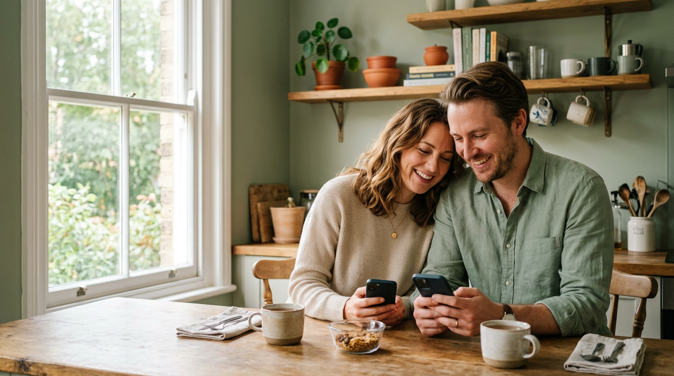 A couple sitting close together at a kitchen table, each holding their own phone and smiling.